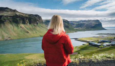 A girl in a red jacket looks at the landscape of the Faroe Islands.の素材