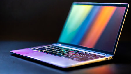 Laptop computer with colorful screen on black background. Copy space.の素材