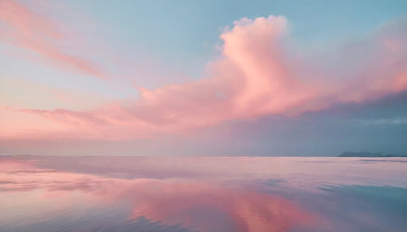 Sunset on the sea with pink clouds and reflection in the waterの素材