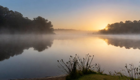 Foggy morning on the river in the summer. Beautiful landscape.の素材
