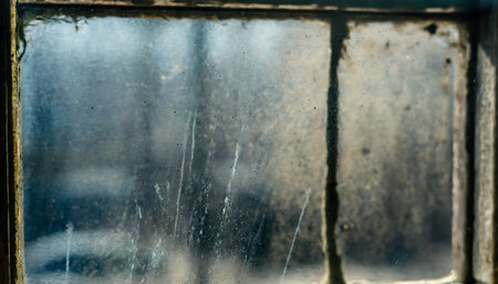 closeup of a broken glass window in an old house in winterの素材