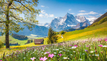 Beautiful spring alpine meadow with blooming flowers, Dolomites Alps, Italyの素材