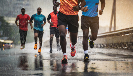 Marathon running race, people feet on city water road at rainの素材