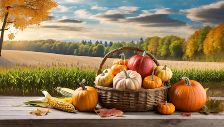 Autumn harvest. Basket with pumpkins and corn on wooden table in fieldの素材