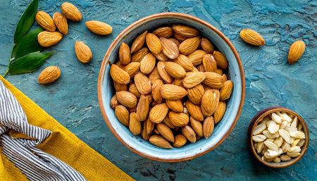 Almond nuts in bowl on blue background top-down copy spaceの素材