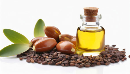 Cedar nuts and cedar oil in a glass bottle on white backgroundの素材