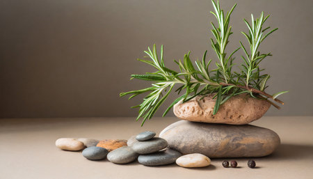 Rosemary and pebbles on beige background with copy spaceの素材