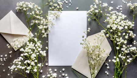 Envelopes and gypsophila flowers on a gray backgroundの素材