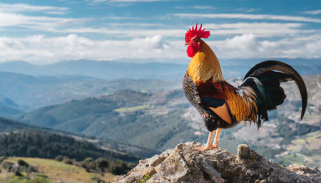 Rooster standing on a rock and looking at the camera with mountains in the backgroundの素材