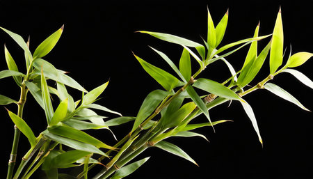 Bamboo leaves isolated on black background, close-up image.の素材