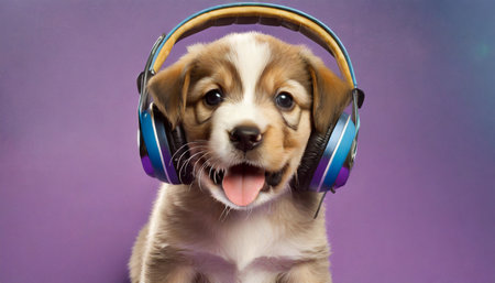 Cute beagle puppy with headphones listening to music on purple backgroundの素材