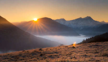 Foggy morning in the mountains. Sunrise in the Carpathians, Ukraineの素材