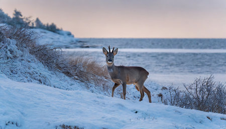 Roe deer in winter on the bank of a frozen lake.の素材
