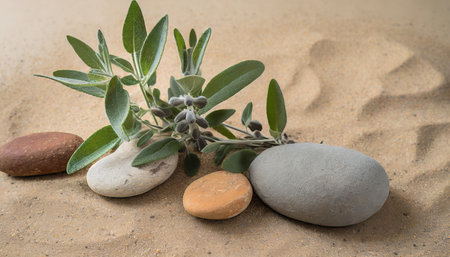Sage plant and stones on sand background with copy space for textの素材