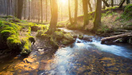 Mountain stream in the forest at sunrise. Springtime scenery.の素材