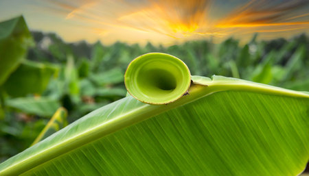Banana leaf in the field with sun light and bokehの素材