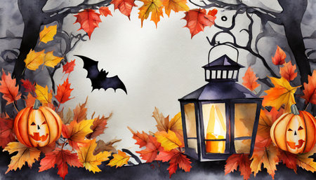 halloween creepy frame with lantern bat and fall autumn leaves watercolor cartoon background templateの素材