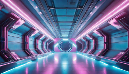 blue and pink spaceship interior with a futuristic corridor in space station with glowing neon lights backgroundの素材