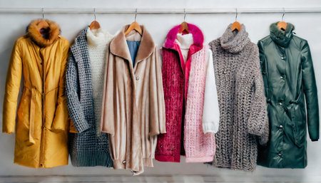 row of different stylish fashion knitted jackets coat winter clothesの素材