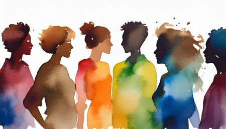 multicolored spectrum silhouettes of people on a white background watercolor generative aiの素材