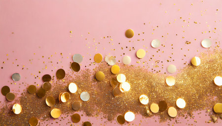 gold sparkles on pink background light pink minimalistic festive glamorous background with scattered golden metal glitter in delicate pastel colorsの素材