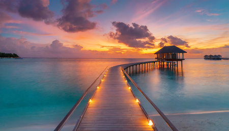 amazing sunset panorama at maldives luxury resort pier pathway soft led lights into paradise island beautiful evening sky and colorful clouds romantic beach background for honeymoon vacationの素材