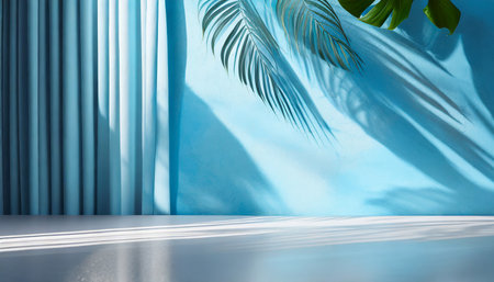 minimal abstract light blue background for product presentation shadow of tropical leaves and curtains window on plaster wallの素材