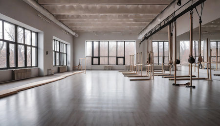 panoramic empty gym with windows for ballet classesの素材