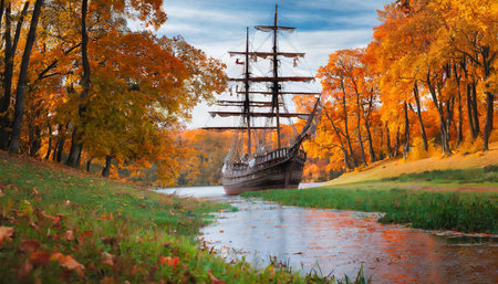 an ancient large sailing ship in the landscape of the red autumn forestの素材
