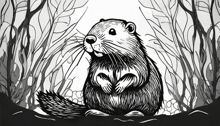 cute sitting beaver black outlines monochrome vector illustrationの素材