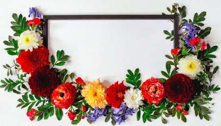 frame with colorful flowers on clear white background greeting card design for holiday mother s day easter valentine day springtime composition with copy space flat lay top viewの素材
