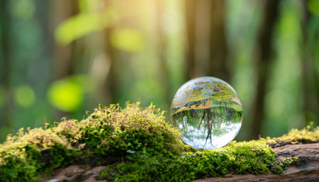 crystal ball on log and moss in forest in environmental concepts global warming esg net zero and environmental sustainabilityの素材