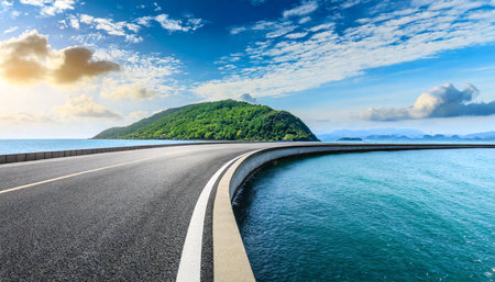 asphalt highway and sea with island natural landscape in summerの素材