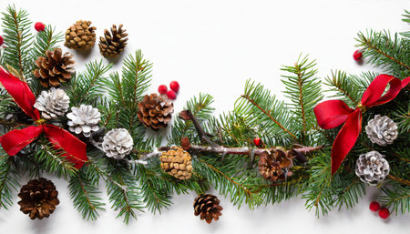 christmas border with fir branches and cones on whiteの素材