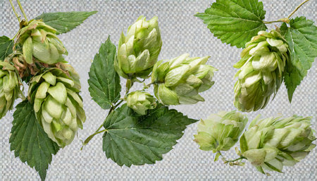 fresh hop seed cones and leaves collection with real transparent shadow isolated on transparent background png food design elementの素材