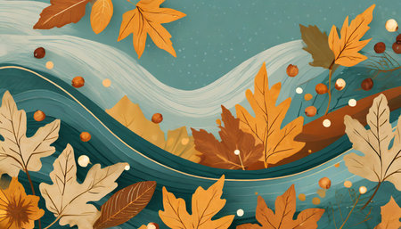 autumn thanksgiving leaves wave background abstract fall blue teal yellow brown golden earth tones backdrop cartoon illustration for web mobile thanksgiving dinner bannerの素材