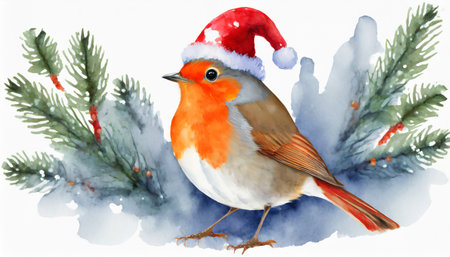 winter bird isolated on white background cute watercolor bird robin in red hat warm winter illustration christmas concept cartoon character design for print greeting or post cardの素材