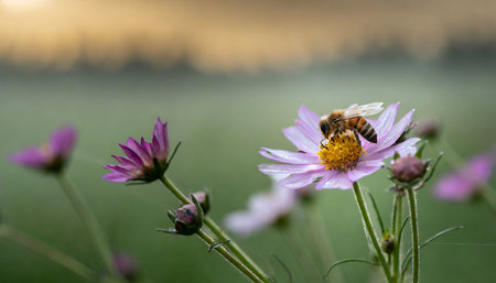 bees pollinate flowers in the morning fog of the last days of summer landscape silence and beauty of wildlife in early autumnの素材