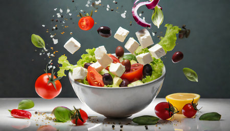 fresh ingredients for greek salad falling into bowl on white backgroundの素材