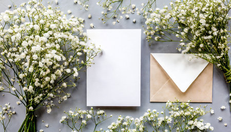 wedding mockup with white paper list and flowers gypsophila on colored table top view flat lay blank greeting cards and envelopes beautiful floral pattern flat lay styleの素材