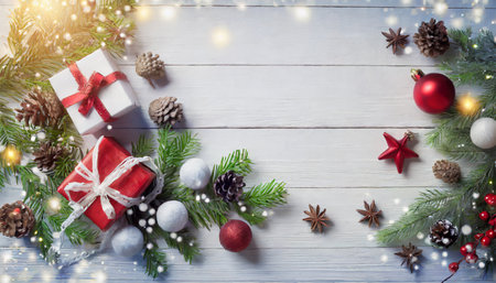 christmas holidays composition on white wooden background with cの素材