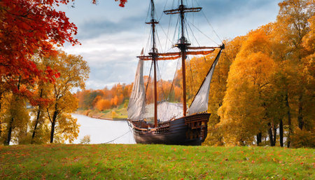 an ancient large sailing ship in the landscape of the red autumn forestの素材
