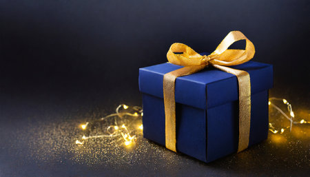 dark blue gift box with elegant gold ribbon on dark background greeting gift with copy space for christmas present holiday or birthdayの素材