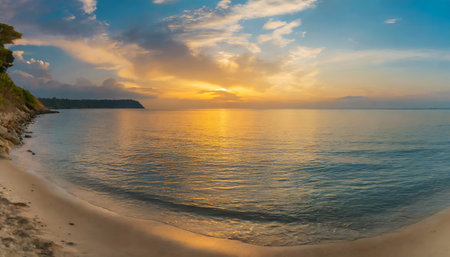 closeup sea ocean bay panoramic beach landscape inspire tropical mediterranean seascape horizon orange gold blue sunset sky calm tranquil sunlight summer mood best vacation travel colorful panoramaの素材