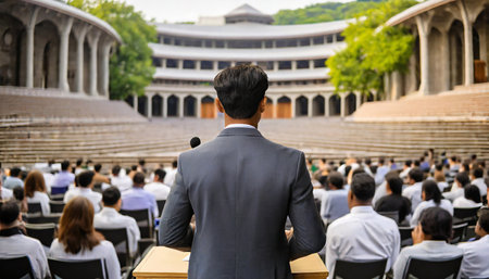 speaker in front of the audience back view debate male lecturer speaking in front of a hall of people the concept of public speaking abstract fictionalの素材