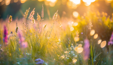 inspirational nature closeup sunset floral meadow field beautiful bokeh blurred lush foliage freedom to wish concept peaceful bright sunlight spring colors warm golden green summer field landscapeの素材