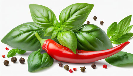 fresh green organic basil leaves and red chili peper isolated on white background transparent background and natural transparent shadow ingredient spice for cooking collection for designの素材
