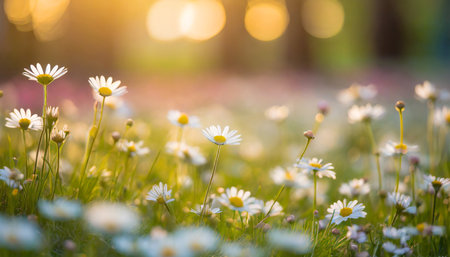 idyllic daisy bloom abstract soft focus sunset field landscape of white flowers blur grass meadow warm golden hour sunset sunrise time tranquil spring summer nature closeup bokeh forest backgroundの素材