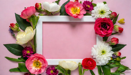 frame with colorful flowers on clear pastel pink background greeting card design for holiday mother s day easter valentine day springtime composition with copy space flat lay top viewの素材