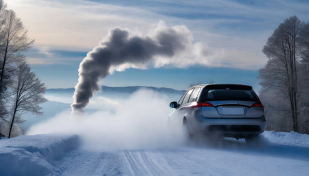 smoke billows from a car s exhaust pipe in the winter air serving as a reminder of the importance of eco friendly transportation choicesの素材